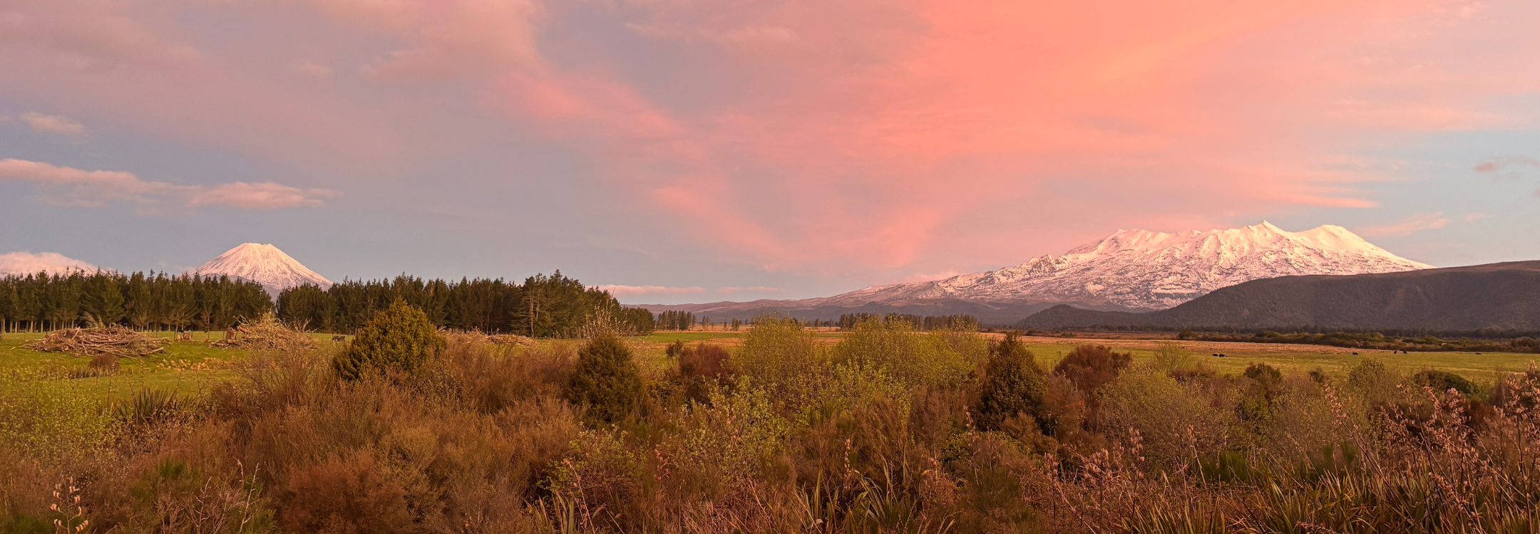 Mt Ruapehu and Mt Ngāuruhoe at sunset