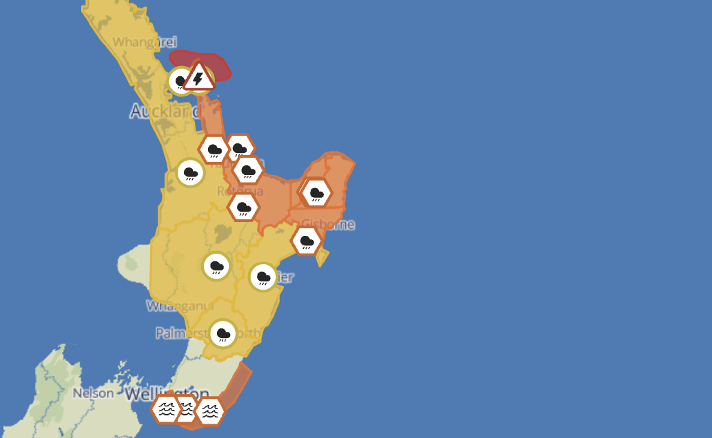 A map of the severe weather watches and warnings across the North Island as of the afternoon of Friday 13 February 2026.